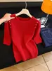 Top de Punto Retro Chic Elegante con Cuello Redondo y Mangas Cortas para Mujer, Nuevo Estilo de Verano, Súper Atractivo y Adelgazante