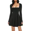 Vestido Preto de Alta Qualidade para Mulheres, Decote Quadrado, Mangas Longas, Barra com Renda, Saia Evasê, Look Emagrecedor para Primavera e Outono, Estilo Hepburn Francês