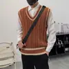 Chaleco de punto retro moderno estilo americano con cuello en V estilo universitario para hombre, chaleco sin mangas de color retorcido en bloqueo de color para otoño e invierno, para pareja