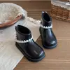 Botas de couro bebê menina princesa infantil outono e inverno sola macia antiderrapante estilo coreano botas estilosas botas de cano curto forro simples preto
