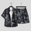 Conjunto de Camisa Floral de Manga Curta de Secagem Rápida para Homens de Verão, Traje Havaiano de Praia, Conjunto Casual Solto de Duas Peças com Calças Três Quartos