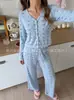 Conjunto de Pijama de Duas Peças Knitted com Estampa de Laços, Manga Longa e Calça Longa, Cardigan, para Mulheres - Coleção Primavera/Verão 2026 Europeu e Americano Transfronteiriço