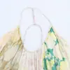 Vestido Feminino Versátil com Gola Halter Estampa Floral Patchwork Novo Verão 2025 Europeu e Americano