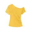Camiseta corta de manga corta asimétrica estilo coreano, hombros descubiertos, entallada a la cintura para mujer, nuevo diseño de verano 2026, top de nicho ajustado