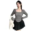 Camiseta Básica Cuello Cuadrado para Mujer en Otoño e Invierno, Camiseta de Manga Larga con Look Chic Irregular que Adelgaza, Estilo Nicho