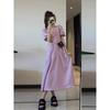 Vestido Morado Francés para Pausa de Té para Mujer Verano 2025 Nuevo Estilo Estilo Suave Aspecto Adelgazante de Cintura Manga Abullonada Falda Larga