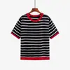 Suéter de tricô listrado vintage feminino plus size, coleção outono 2026, camisa base color block de gola redonda de caimento solto para mulheres plus size 25026