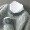 Suéter 100% Lana Pura para Hombre Cuello Redondo Bloques de Color Jacquard Engrosado Suéter Holgado Pulóver Casual Tejido Top Básico