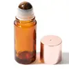 Botella dispensadora de aceite de ricino de vidrio ámbar de 50 ml, botella aplicadora roller de jade cristal rosa natural, botella aplicadora roller de cuarzo rosa
