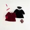 Vestido de veludo infantil para meninas com acabamento em renda vintage vestido princesa de pérolas estilo coreano elegante vestido longo de manga comprida infantil