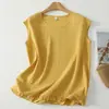 Toma real de blusa casual simple de estilo artístico de ajuste holgado para el verano de 2026, con cuello redondo y mangas cortas tipo volante, estilo japonés relajado para mujer