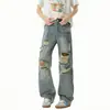 Jeans Rotos Estilo High Street Americano para Hombre, Diseño de Verano con un Ambiente Post-Apocalíptico, Pantalones Ligeramente Acampanados, Pantalones Rectos Versátiles de Marca de Moda