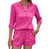 Amazon Europa y Estados Unidos comercio exterior transfronterizo primavera y verano 2025 nuevo color sólido cuello V manga corta holgada camiseta bolsillo shorts traje