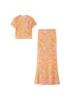 Amazon Wholesale Nuevo Estilo de Verano Cuello Redondo Jersey Estampado de Encaje Manga Corta Ajustado Top y Falda Larga Conjunto