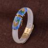 Pulseira Prata de Lei S925 Veado Dourado Vintage Prata para Mulheres Azul Queimado Dourado Cauda de Pavão Calcedônia Branca Pulseira de Prata Aberta