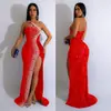 C6365 Transfronteiriço Aliexpress Amazon Moda Europeia e Americana Feminina Cor Sólida Strass Lantejoula Sem Mangas Vestido Longo