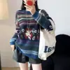 Novo suéter de tricô de lã com gola redonda para outono e inverno, espessado, jacquard bordado vintage, caimento solto, top simples estilo coreano para mulheres