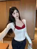 Camiseta de Manga Larga con Retazos de Encaje 'Pure Desire', Estilo Halter, Falso Dos Piezas, Cuello Cuadrado, Jersey Interior, Otoño