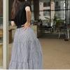2024 Estilo Coreano Tamanho Grande Feminino Pequeno Suéter Manga Curta Gola Redonda Camiseta Listras Costuradas Multicamadas Grande Vestido Solto