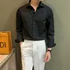 Camisa Masculina Branca Botão Frontal Colarinho Windsor Não Amassa Leve Luxo Estação Primavera e Outono Transfronteiriça, Camisa Base Cor Sólida Casual de Negócios da Moda