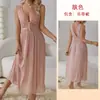 Feiyun Renda Multicor Patchwork Malha Camisola Profundo V Laço Decoração Camisola Longa Vestido de Casa Feminino 419