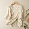 Blusa de linho com manga 3/4 para mulheres, camisa de algodão e linho solta bordada vintage de verão, elegante novo estilo 2024