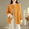Cardigan tipo bata de té de lino y algodón de talla grande holgado para primavera y otoño, estilo chino, nuevo top de camisa de manga larga con botones, bloqueo de color retro chino