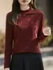 2025 Novo Outono e Inverno Tricô Retrô Gola Alta Meia Manga Feminino Jacquard Pulôver Camisa Base Solta Top