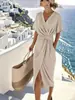 Vestido Nuevo de Verano 2026 Amazon Moda para Ir al Trabajo Satín Abertura Vestido Cruzado de Color Sólido para Mujer
