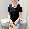 Camiseta Sexy de Hombros Descubiertos con Cuello en V para Mujer, Manga Corta de Verano Moda Europea Malla Fruncida, Elegante Blusa de Media Manga Ajustada