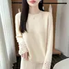 Nuevo Suéter de Punto 100% Lana para Otoño/Invierno 2026 con Cuello Redondo de Encaje, Mangas Largas y Puños de Ganchillo Huecos, Top de Cachemira