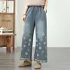 Colección Primavera 2026 Jeans de Mujer Estilo Étnico Cintura Elástica Bordados Holgados Moda Adelgazantes Pantalones Acortados de Pierna Ancha