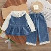 Nuevo y Elegante Conjunto de Otoño 2025 para Niñas, Chaleco de Mezclilla con Cuello de Encaje Conjunto de Tres Piezas, Ropa Infantil Estilo Primavera y Otoño para Bebés
