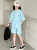 Traje de Manga Corta para Niñas, Color Sólido Estilo Verano, Ropa Deportiva Moderna y Fresca para Niñas, Conjunto Casual de Dos Piezas Holgado Estilo Coreano para Niños Mayores y Estudiantes