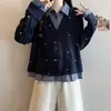 Cárdigan de punto de dos piezas sintéticas para mujer de talla grande con hombro estructurado, bordado a cuadros, mangas largas, top casual, nueva camisa versátil para principios de otoño