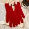 Luvas de Lã Vermelha para Mulheres, Estilo Japonês, Cor Sólida, Inverno, Touchscreen, À Prova de Vento, Quente, À Prova de Frio, Com Dedos, Ciclismo