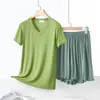 Conjunto de Verão Novo Modal Moda Camiseta Manga Curta Decote V Bolso Combinando Cor Shorts com Borda de Orelha Casual Simples Conjunto de Duas Peças