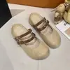 Sapatos baixos femininos Mary Jane slip-on de bico redondo com fivela de camélia e duas alças, tecidos em juta