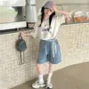 Conjunto de verano para niña, adelgazante, dulce y casual, estilo coreano, manga corta con lazo, conjunto corto de dos piezas, transfronterizo