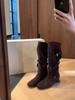 Piel de Vaca ~ Aumento de Altura Tacón Cuña 6cm Botas de Piel Genuina Botas Vaqueras Botas de Terciopelo Plisado para Mujer Bota de Caballero Delgada de Caña Media con Hebilla