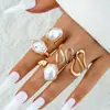 Moda Transfronteriza Europea y Americana Anillo Simple de Aleación con Perla Irregular Conjunto de Anillos Geométricos Apilables Retro