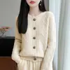 Cardigã de Tricô Grosso Torcido em Lã Pura Feminino, Novo Outono/Inverno Gola Redonda Manga Longa, Macio, Moderno, Versátil