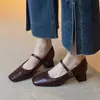 Sapatos Mary Jane com Salto Bloco e Bico Quadrado para Mulheres, Novo Estilo Vintage Outono 2026, Tira Baixa, Elegantes Sapatos de Salto Médio Alto
