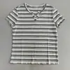 Camiseta de verano de algodón a rayas retro de manga corta para mujer, cuello en V pequeño, corte holgado, adelgazante, top versátil, transpirable y casual