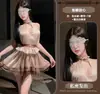 Lingerie Sexy Gato da Noite, Vestido Estilo Romântico Francês, Cadarço no Pescoço Halter, Vestido Curto Sexy sem Costas, Uniforme de Saia Flor de Botão