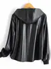 Jaqueta Casual de Couro com Capuz de Comprimento Médio Feminina Transfronteiriça, Novo Estilo Outono e Inverno, Elegante Casaco de Couro