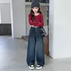 Jeans con forro de polar para niñas, pantalones elegantes de otoño e invierno para niños, pantalones rectos de pierna ancha de una sola pieza engrosados con polar para niñas mayores