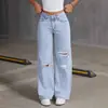 Calça Jeans Feminina Cross-Border Amazon 2025 Pure Color Washed European and American, Modelo Wide-Leg, Clássica, Lavada na Cor Areia e com Detalhes Rasgados.