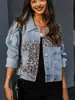 Outono e inverno transfronteiriço novo Amazon Casaco jeans feminino manga longa estação independente Casaco europeu e americano feminino top com costura de leopardo