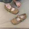 Sapatos Mary Jane Vintage 2025 Novos Coreanos Elegantes Camurça Elegante Fivela de Metal Biqueira Redonda Sapatos de Balé com Sola Macia e Emagrecimento